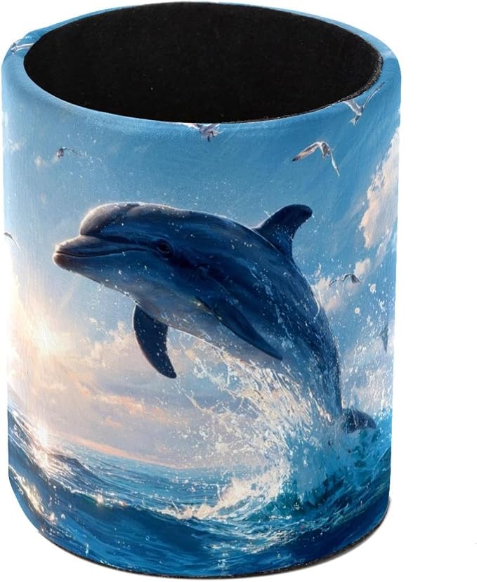 Faux Leather Pen Holder for Desk, Pencil Organizer Dolphin Pen Cup Desk Decor Makeup Brush Holder Storage for Office Home
