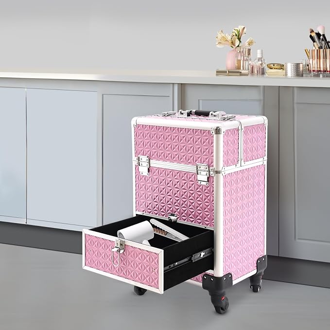 Professional Rolling Makeup Train Case with Lock, 7 Compartments 44lbs Capacity Rolling Nail Case Adjustable Organizer for Makeup Artists, Hairstylists, Pet Groomers (Pink)