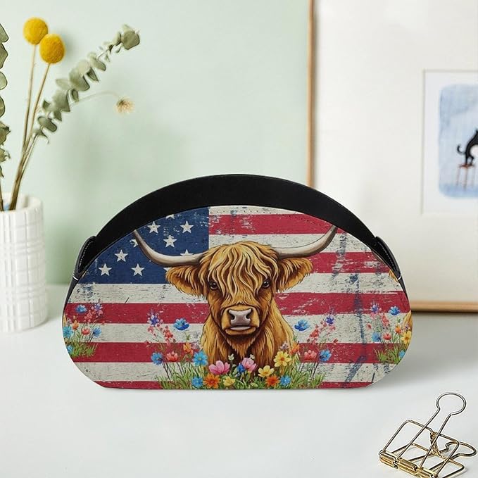 Remote Control Holder Box American Flag Highland Cow Desk Storage Caddy | with 5 Compartments, American Flag Highland Cow Office Supplies Table Decor for Media Player, Stationery, Makeup Brush