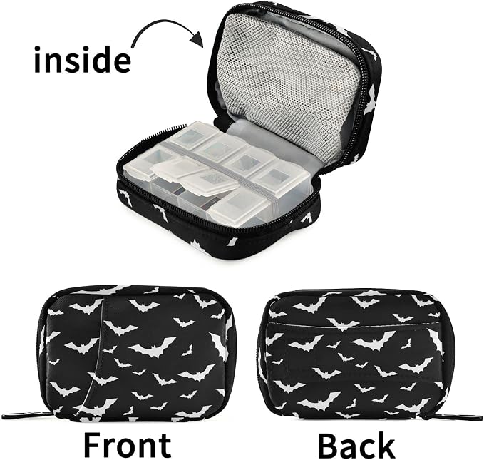 Halloween Bats Pill Case Portable Weekly Pill Box Bag Container 7 Days Pill Organizer Vitamin Supplement Holder with Zipper for Travel Family Business