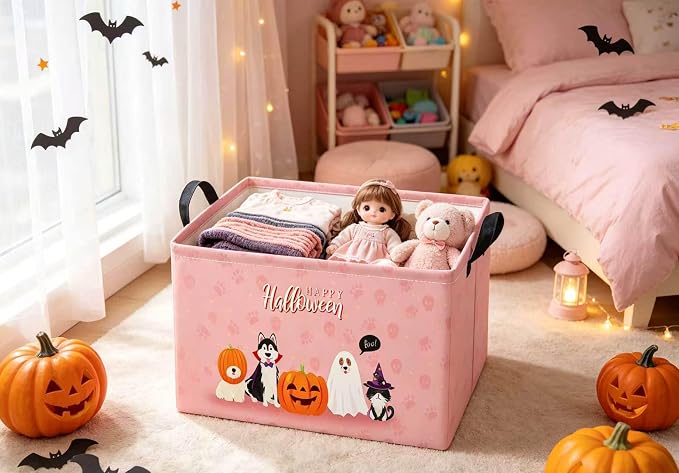 Halloween Basket Cute Baskets for Kids Pumpkin Basket Rectangular Storage Bin Organizer Box Room Decor(Pink Dog Halloween)