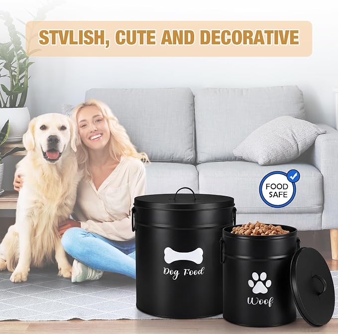 DoubleFill Extra Large 23+10 lb Metal Dog Food Storage Containers, Black | Airtight Dog Treat Snack Jars with Lids and Spoon, Farmhouse Style Big Pet Cookie Storage Bin for Kitchen Counter, Set of 2