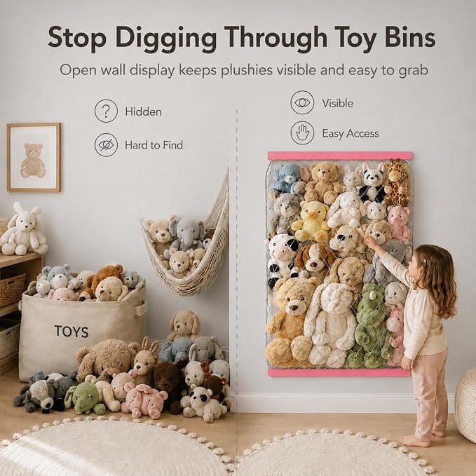 Stuffed Animal Storage Net, Elastic Stuffed Toy Holder,Door/ Wall Mount Length Adjustable Hanging Stuffy Animal Organizer, Plushie Net For Nursery Play Room-Pink Boards