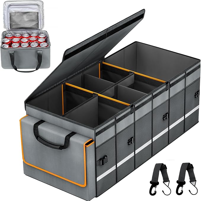 GDNasist Car Trunk Organizer and Storage with Removable Leakproof Cooler Bag, 6 Removable Dividers for Custom Space, Collapsible Trunk Storage with Non Slip Bottom, Foldable Cover for SUV, Jeep, MPVs | Collapsible Trunk Organizers with Lid & Removable ...