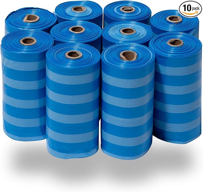 Best Pet Supplies Poop Bags for Dogs - Blue Strips, 150 Count | Scented, Leak-proof, Easy-Tear perforations, 15 Thick Bags per roll, Outdoor Walking & Travel, Fits Standard Holders