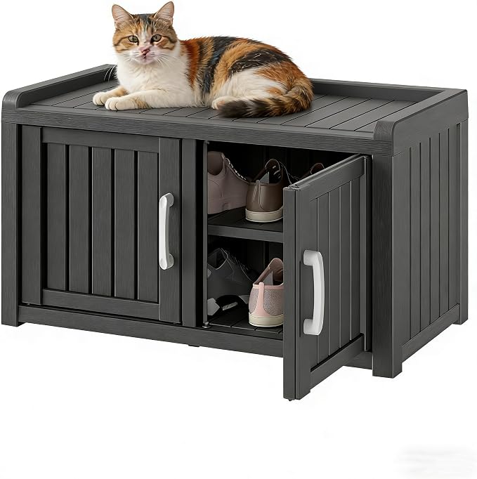 NUNU LAB Shoe Cabinet, Waterproof UV-Resistant Shoe Storage Cabinet with Adjustable Shelves, Entryway Shoe Organizer Bench with 2 Barn Doors for Foyer, Hallway, Living Room, Black