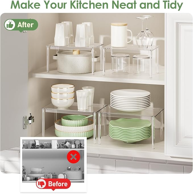 Delamu Cabinet Shelves, Clear Stackable Acrylic Storage Risers with Heavy Duty Support, Cabinet Organizer Shelf for Spices, Seasonings, Jars, Pantry, Kitchen Counter, Easy Assembly