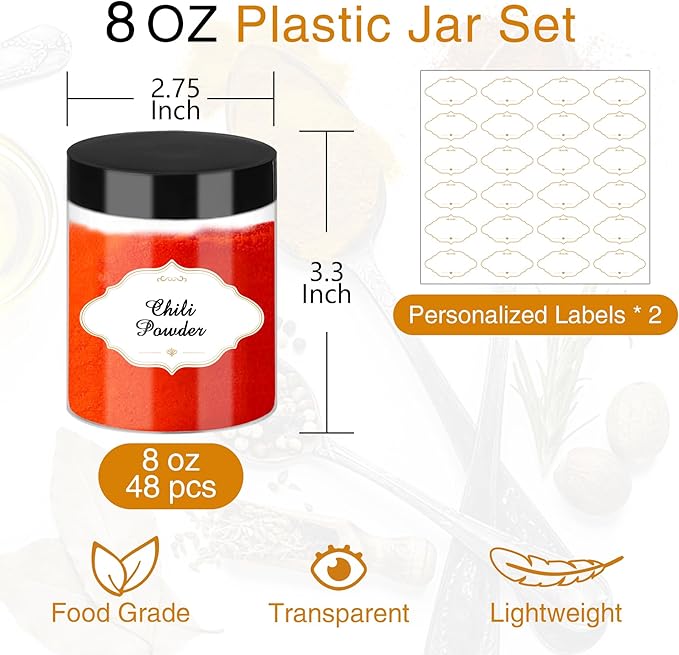 PeacePeo 8 OZ Plastic Jars with Lids, 48 Pcs Slime Storage Containers | Wide-Mouth Round Clear Jars, Black Secure Lid, Lightweight and Portable, for Pantry, Cabinet and Countertop Organization