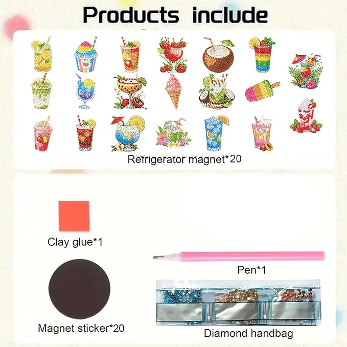 FRANDEK 20Pcs 2D Flat Acrylic DIY Diamond Art Fridge Magnets | 20-piece 2D flat acrylic diamond art fridge magnets with tool kit and rhinestones; easy DIY craft for home/office/kitchen;