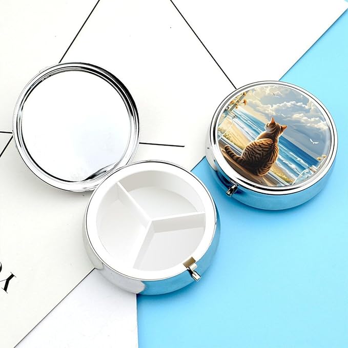 Cat On Windowsill Metal Round Pill Box, 3 Compartment Travel Organizer, Portable Pill Container with Secure Latch, 2 Inch Circular Vitamin Caddy for Pills and Vitamins, Gift for Him Her Elderly