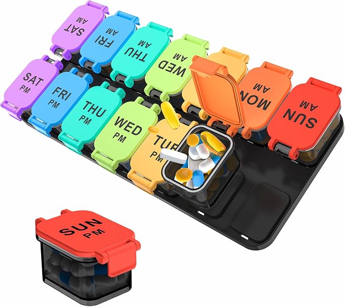 Yaklim Extra Large Weekly Pill Organizer, Detachable 7 Day AM PM Pill Box | XXL 14 Detachable AM PM Compartments；For Big Vitamins & Supplements； Easy to Open & Fill； Waterproof Seals； Easy Readability