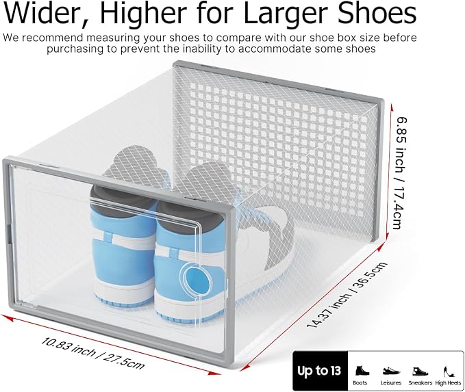 Kuject XX-Large Shoe Storage Boxes 12 Pack, Clear Stackable Shoe Organizer | Shoe Case for Closet, Entryway & Under-Bed Storage, Drop-Front Design, Space-Saving Solution for Family Organization,Grey