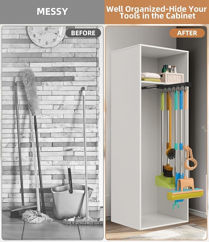 Pull Out Broom Holder With Adjustable Double Row Sliding Hook-Black 14.17in | High Load Capacity, Multifunctional Slide Broom And Mop Storage/Garage Organization Hooks, for Closet Laundry, kitchens
