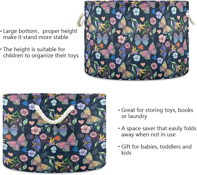 Butterfly Floral Collapsible Round Storage Basket with Handles | Floral Print Large Laundry Baskets Hamper, Clothes Organizer Bin for Nursery Bedroom Living Room Decor, 20x 20x 14 Inches
