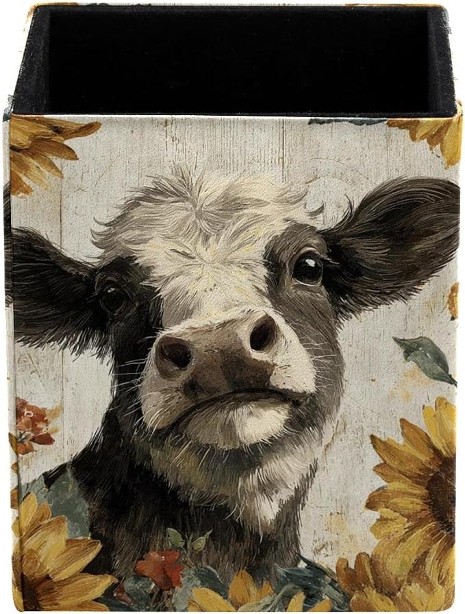 Retro Cow Pen Holder for Desk Decor, Rectangular PVC Leather Pencil Cup for Desk Pen Organizer, Makeup Brush Holder for School, Home, Office