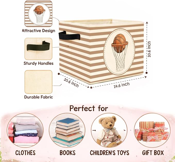 Basketball Storage Bin, Foldable Fabric Organizer Basket | Basketball storage bin with striped background, hoop artwork, foldable fabric design and side handles.