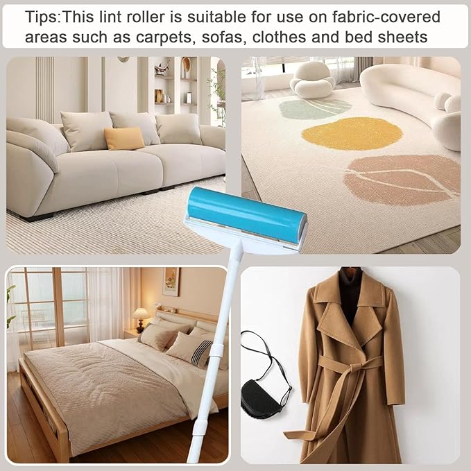 8" Large Reusable Lint Roller, Giant Washable Pet Hair Remover with Extendable Handle, Long Sticky Lint Brush for Furniture, Carpet, Sofa and Clothes, 1 Large, 1 Refill and 2 Mini Size
