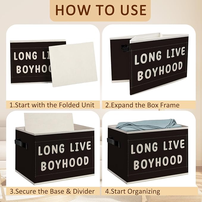 Boy Nursery Foldable Storage Bins Box with Handles, Black Minimalist Long Live Boyhood Decorative Storage Boxes Baskets Toybox Organizer for Kids Boy Nursery Toddler Room Bedroom Playroom