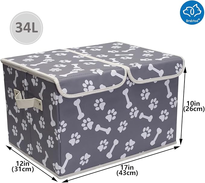 Large Dog Toys Storage Box Canvas Storage Basket Bin Organizer with Lid - Collapsible Linen Bin Ideal for Organizing Dog Cat Toys and pet Stuff-PP Boad-17" x 12" x 10" - Bone Claw