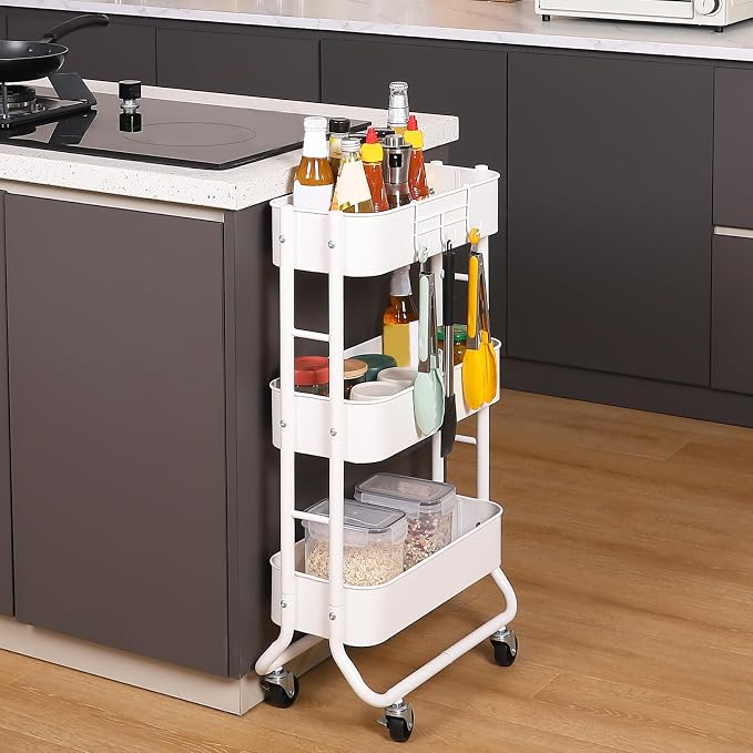 MAX Houser Slim 3-Tier Rolling Utility Cart with Extra Hook, White | Narrow Metal Bathroom Storage Multifunctional Organizer Carts with Wheels with Extra Hook, Laundry Room,Kitchen,Small Space