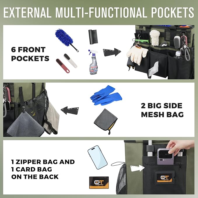 Rolling Cleaning Caddy Bag with Detachable Trolley, Large Cleaning Supplies Organizer with Wheels, Multi-Pocket Cleaning Cart with Adjustable Shoulder Strap for Housekeepers & Home Use, Armygreen