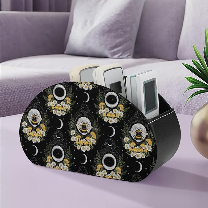 Remote Control Holder for Table Witchy Moon Floral Bee Desktop Storage Box | Makeup Brush Caddy with 5 Compartments, Witchy Gothic Moon Mushroom Floral Bee Bedside Table Organizer Office Supplies