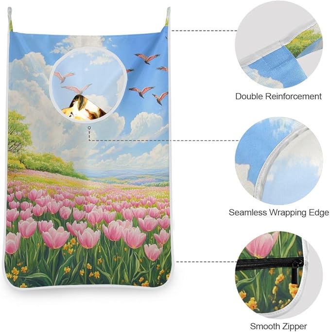 1PC Hanging Laundry Hamper Bag Over the Door Laundry Hamper Wall Hamper Large Dirty Clothes Hamper with Stainless Steel Hooks 29.5x20Inch Colorful Spring Tulips and Herringbone Birds