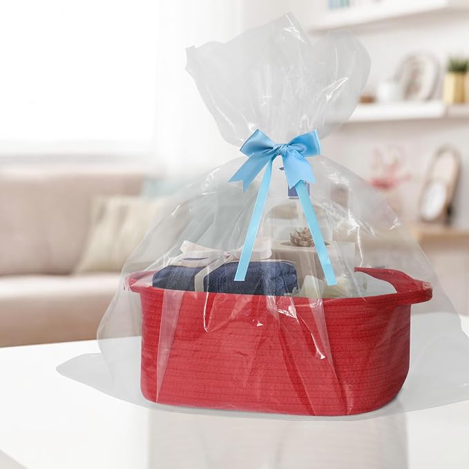 MEGASKET Red Woven Basket, 13.5” x 10” x 6” Red Empty Gift Basket to Fill, Decorative Cotton Rope Storage Bin for Organizing, Cute Baby Nursery Organizer, Rectangle Dog Toy Bin, Room Decor