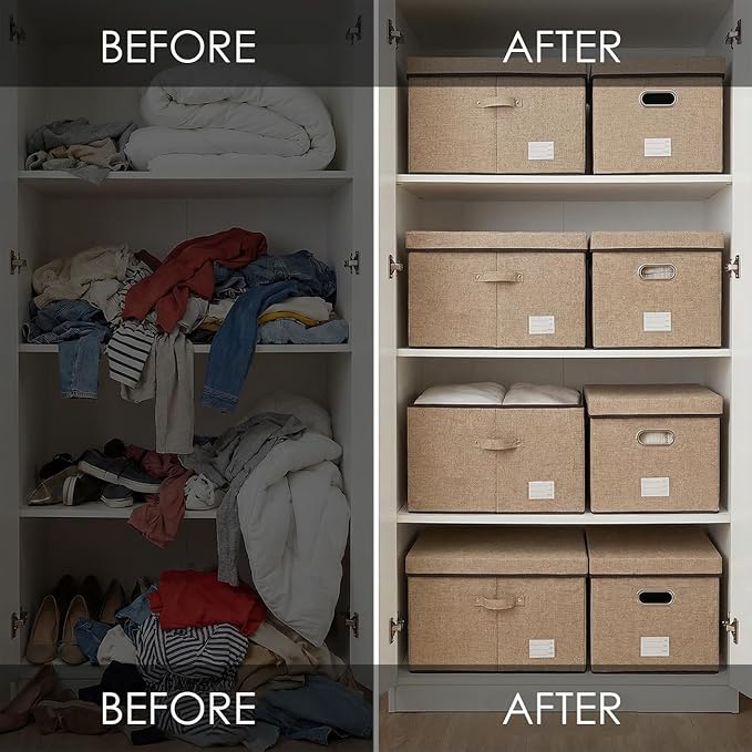 Storage Bins with Lids [3-Pack] Jute Fabric Foldable Storage Boxes Organizer Containers Baskets Cube with Cover for Home Bedroom Closet Office Nursery khaki（23.4X15.9X11.5