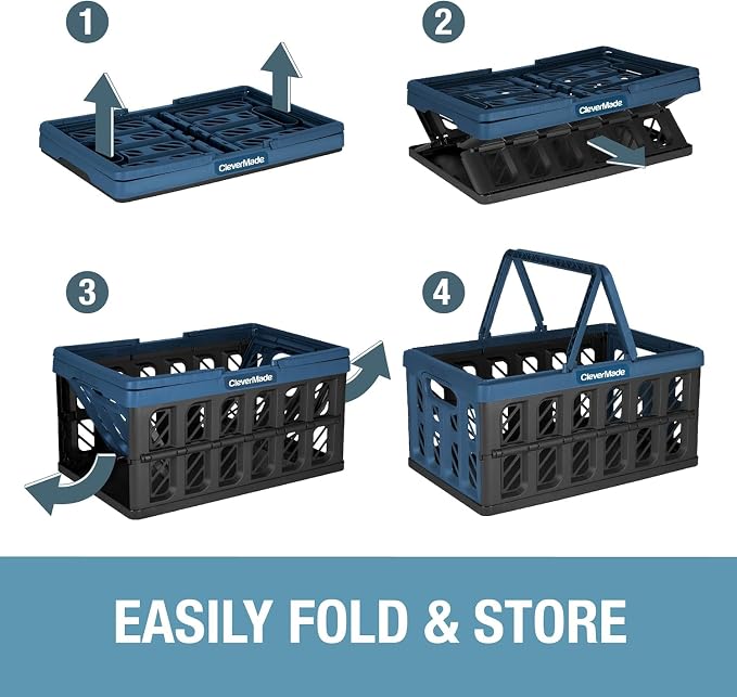 CleverMade Eco Collapsible Shopping Basket with Handles, 24L Stone, 3 Pack | Keep Groceries Upright in the Car | Rigid Walls Carry 25 lb Each, Stack Securely, and Fold to 2.25 Inches for Storage