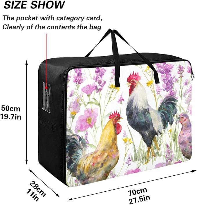 Comforter Storage Bags Large Folding Blanket Organizer Bag with Strong Handles Clear Window Closet Storage Containers for Clothes King Queen Pillows Bedding Quilt Duvet Roosters Hens Spring Wil