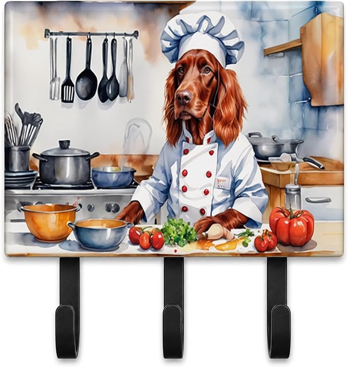 Caroline's Treasures Irish Setter The Chef Leash or Key Holder Wall Hooks, Key Hooks Holder, Coat Rack Wall Mount, Coat Hooks, Hooks for Hanging Keys, Towels, Aprons, Leashes | Irish Setter The Chef artwork on ceramic tile with three steel hooks for ke...