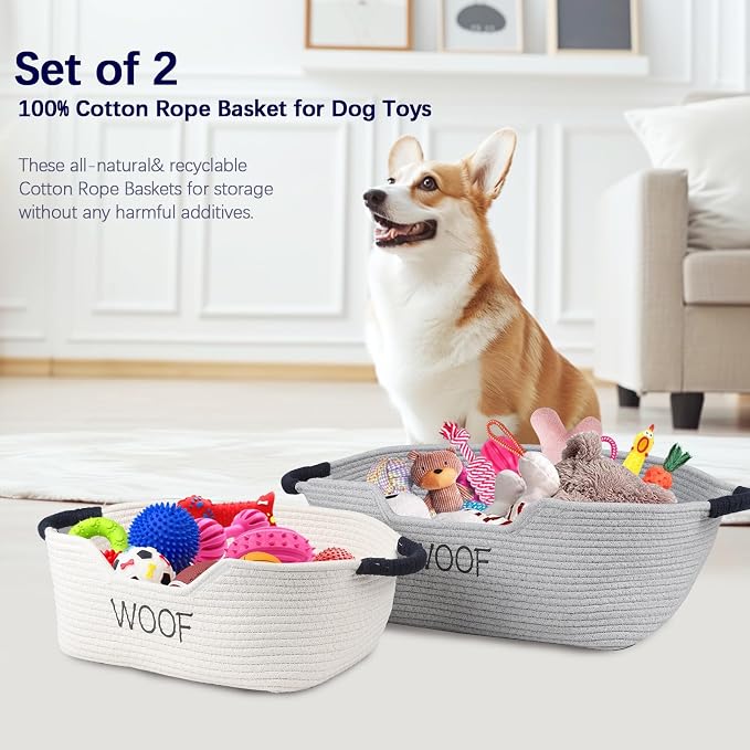 2 pack Dog Toy Baskets ,Pet Rope Basket for Dog Cat Toys,Dog Toy Bin with Handles,Woof Puppy Toy Storage Basket,Puppy Bed,Dog Stuff Organizer for Toys,Collar,Leash,Nursing Supplies-Beige+Gray