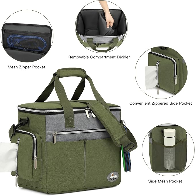 Dog Travel Bag for Pet Kit for Supplies with 2 Food Storage Containers 2 Collapsible Bowls 1 Feeding Mat 1 Dog Treat Pouch 7-Piece Set Perfect Road Trips Camping Weekend (Olive Green)