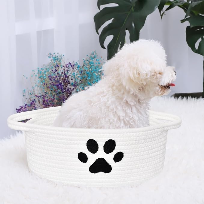Small Woven Basket with Handle, Cute Dog Paw Baskets for Gifts Empty, Decorative Rope Woven Storage Dog Toy Basket, Nursery Baskets for Baby Shower, 12" x 8" x 5"