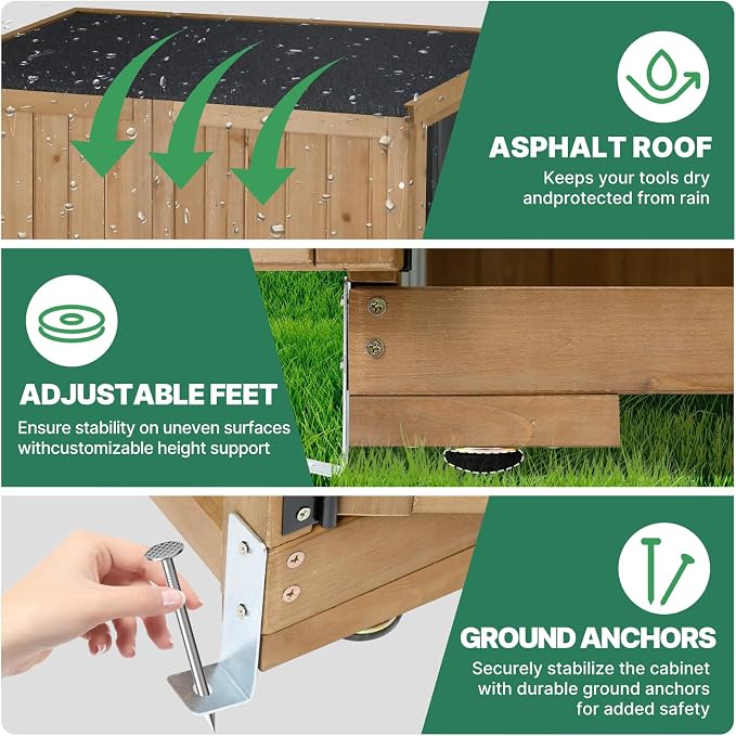 Ketive Outdoor Storage Cabinet, Tall Tool Garden Cabinet with Weather-Resistant Roof, Double Lockable Doors, 3 Removable Shelves & Adjustable Feet, for Patio, Garden, Backyard, 32" x 15.5" x 66"