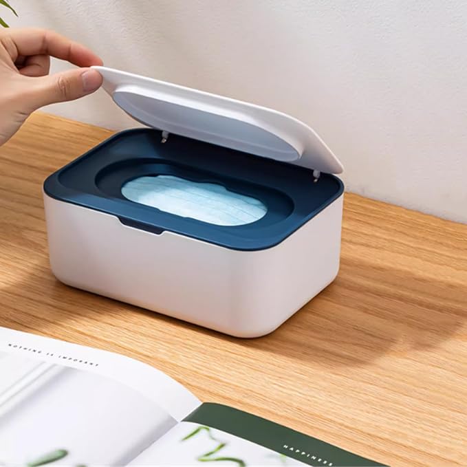 Wipes Dispenser Set,1 Wipe Box & 2 Portable Pouches,White Blue | Refillable Reusable Large Wet Wipe Holder, Flushable Wipes Case Bathroom Wipes Container for Pet Nursery Kitchen Office