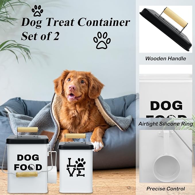 Dog Food Storage Container Set of 2 Dog Treat Container with Airtight Lids Dog Treat Jar with Scoop Metal Dog Food Holder with Wooden Handles for Kitchen Counter and Pantry Home Decor - White