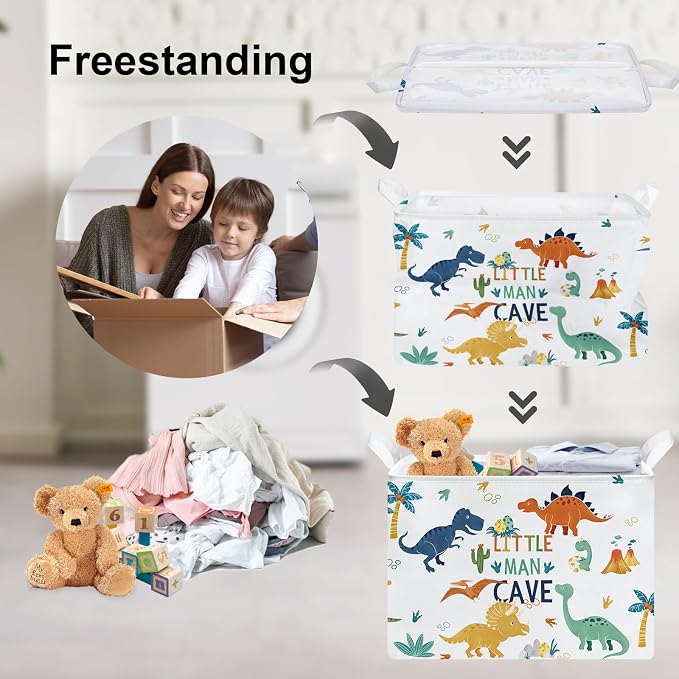 Clastyle Large Boho Dinosaur Pterosaur Boy Book Toy Storage Basket Dino Palm Tree Clothes Laundry Hamper for Kid Room Nursery, Colorful 36L