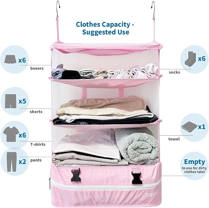 Stow-N-Go Hanging Travel Shelves, Packing Organizer for Luggage. Carry on Closet for Suitcase. Expandable Packing Cube. Travel Essentials. (Pink - XL, XL = (L) 17.7" x (W) 11.8")