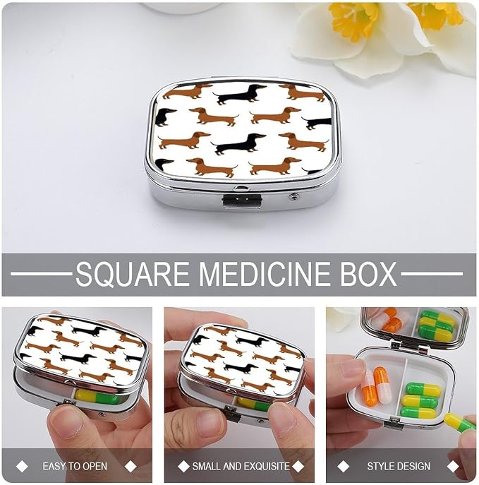 2 Compartment Square Pill Box Portable Metal Travel Pill Organizer | Dachshund Weiner Pet Dogs Pill Case to Hold Vitamins, Medication, Fish Oil and Supplements, Ideal for Purse & Pocket