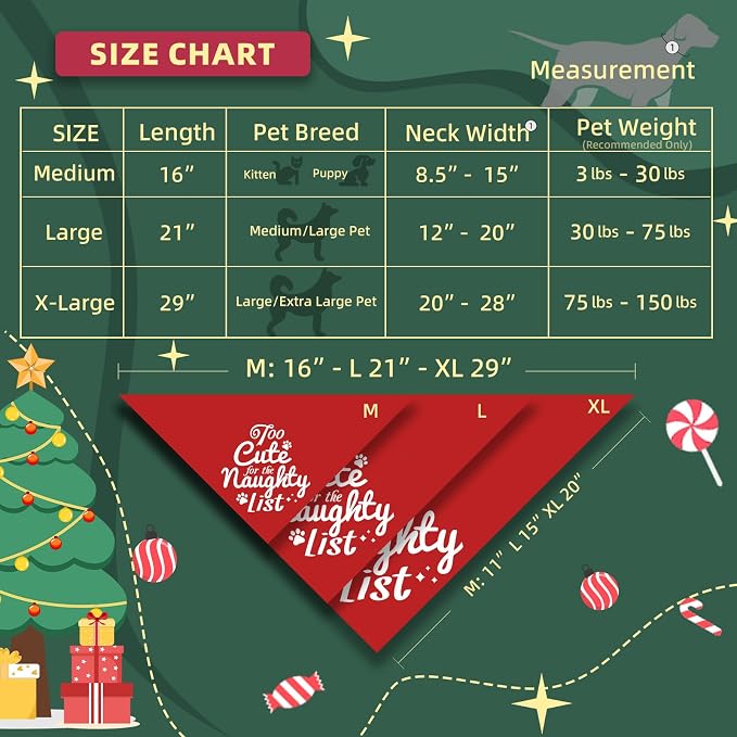 Christmas Dog Bandanas Naughty & Nice Idea Funny Holiday Stocking Pet Scarf Gifts - Too Cute for the Naughty List, Solid Red, Medium & Large Breed, 25-75lbs