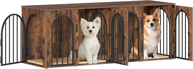 Hzuaneri 63" Double Dog Crate Furniture, Dog Kennel Indoor with Cushion | Heavy Duty Dog Crate Furniture for 2 Dogs,Dog Cage End Table TV Stand with Divider for Med-Large Dogs,Rustic Brown DFC80901B