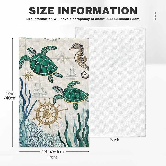 Sea Turtle 2Pcs Kitchen Towels Ocean Turtles Starfish Map Vintage Sea Horse Coral 16X24 Inch Ultra Soft Tea Towel Super Absorbent Terry Dish Towels for Kitchen Linens