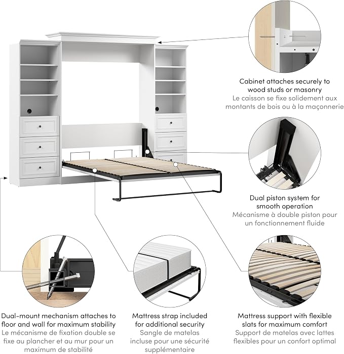 Bestar Queen Murphy Bed with 2 Closet Organizers, White, Versatile, 115W | 2 Closet Organizers with Drawers; supports up to 1000 lb; min. ceiling height 92 in.; dual piston mechanism; 10-year warranty