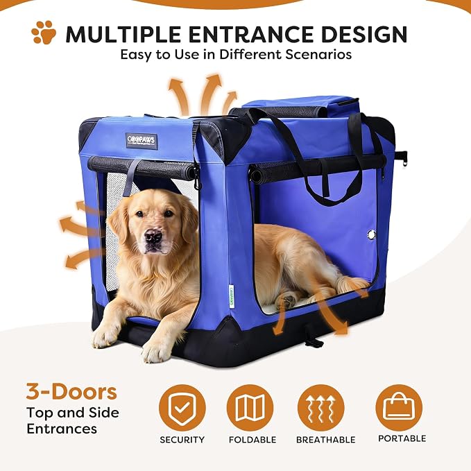 Jespet 3 Door Soft Dog Crates Kennel for Pets, Folding Travel Pet Carrier | 3 Mesh Doors 36'' Dog House, Large Pocket, Easy to Install, Steel Frame, Removable Crate Pad, For Indoor & Outdoor