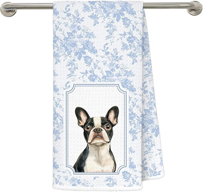 Blue and White Chinoiserie French Bulldog Kitchen Towels 16x24 in, Frenchie Gifts for Women, Grandmillennial Toile De Jouy Floral Dog Decorative Hand Tea Dish Towels for Bathroom Kitchen
