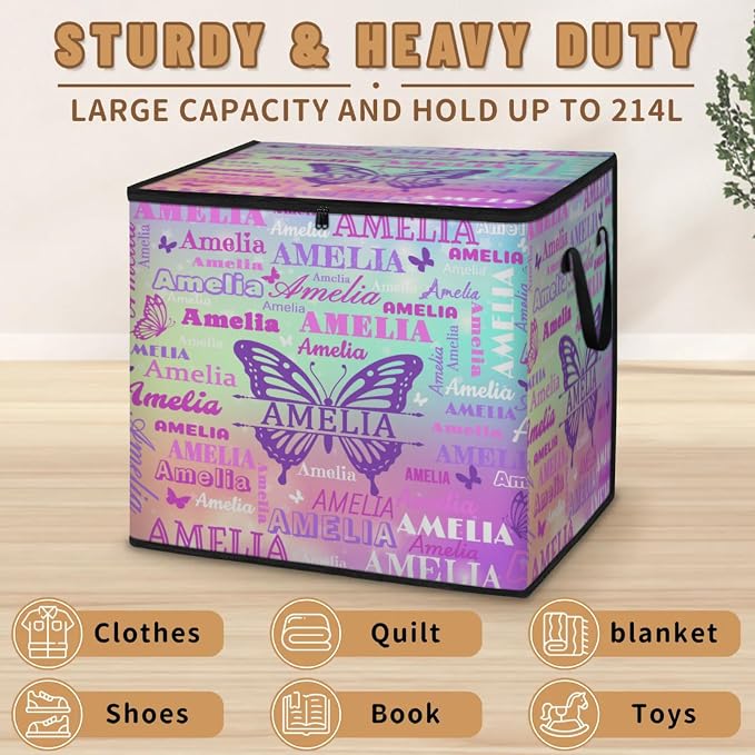 Custom Name Large Clothes Storage Organization with Lids, Shelf Basket, Bedding Clothes Towel Storage Bin for Nursery, Gift Basket, Pet Basket, Coloful Gradient Galaxy Purple Green with Butterfly