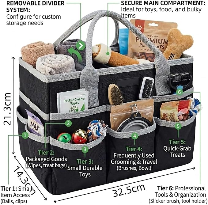Pet Grooming Bag, Dog Grooming Organizer Tote with 10 Pockets, Dog Storage Organizer with Sturdy Handle for Grooming Supplies, Toys, Treats, Leash (Bag ONLY) (Black)
