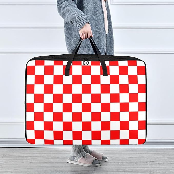 Comforter Storage Bags Large Folding Blanket Organizer Bag with Strong Handles Clear Window Closet Storage Containers for Clothes King Queen Pillows Bedding Quilt Duvet Checkered Red and White